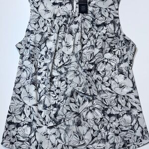 Covington Floral Blouse Large Black White Sleeveless Pleated Career Work Top